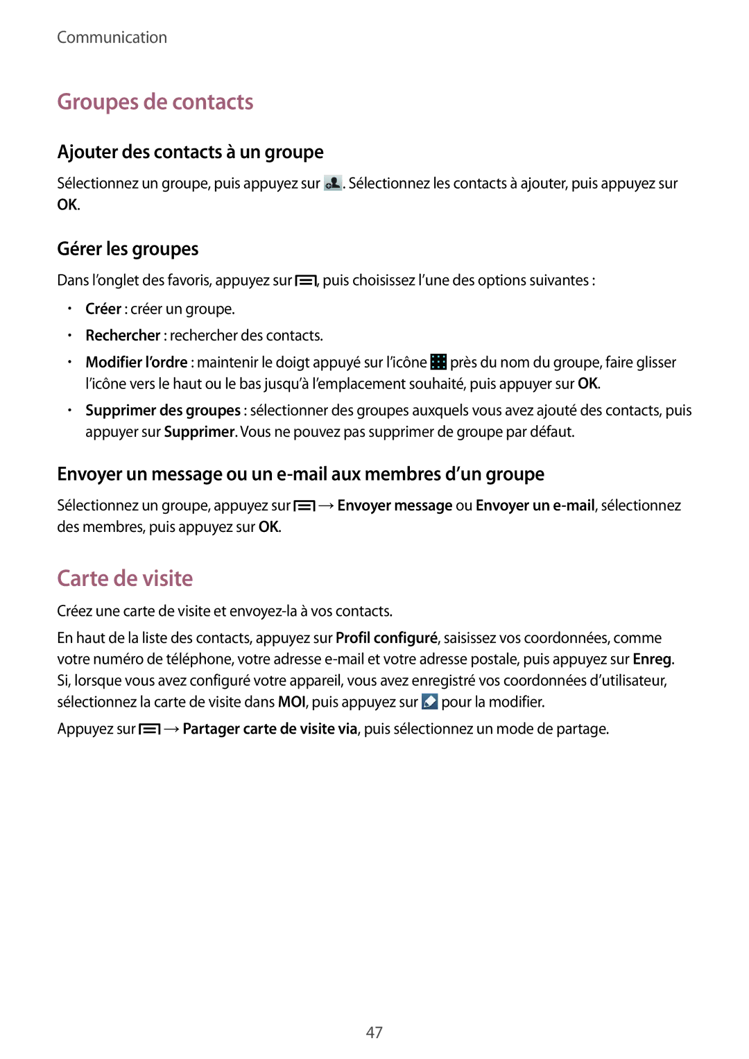 Samsung GT-I8260CWAXEF manual Groupes de contacts, Carte de visite, Ajouter des contacts à un groupe, Gérer les groupes 