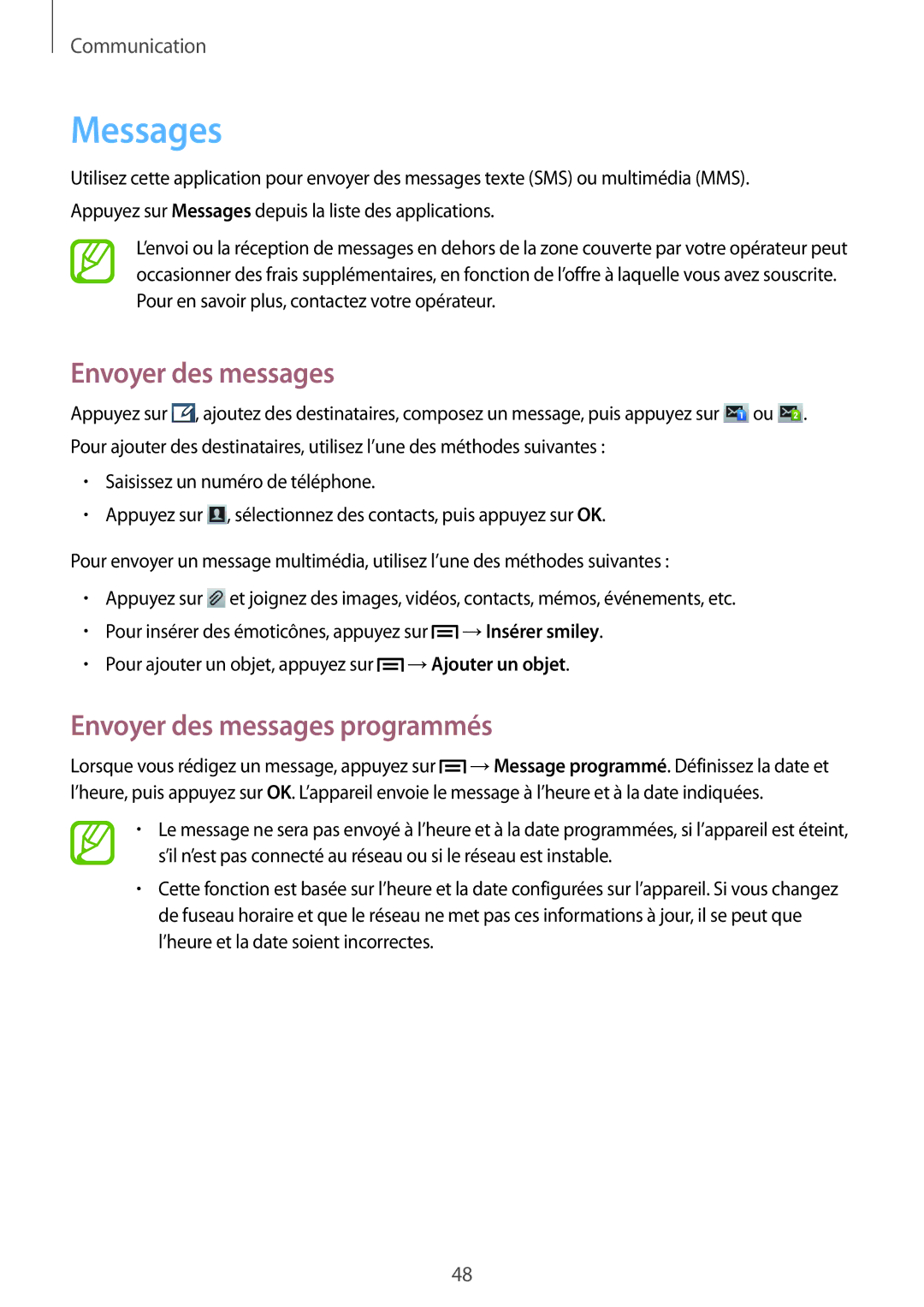 Samsung GT-I8260MBAXEF, GT-I8260CWAXEF manual Messages, Envoyer des messages programmés 