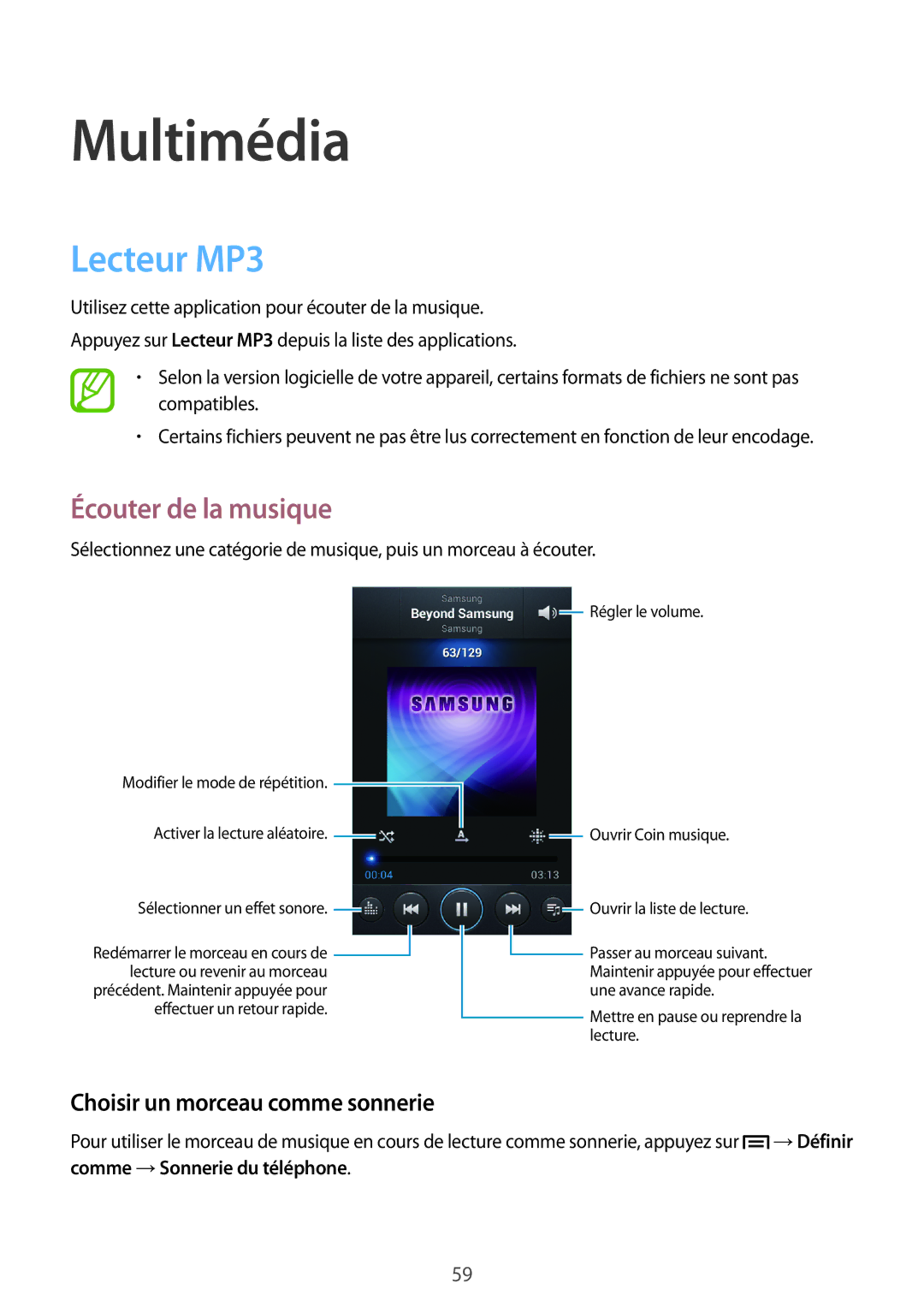 Samsung GT-I8260CWAXEF, GT-I8260MBAXEF Multimédia, Lecteur MP3, Écouter de la musique, Choisir un morceau comme sonnerie 