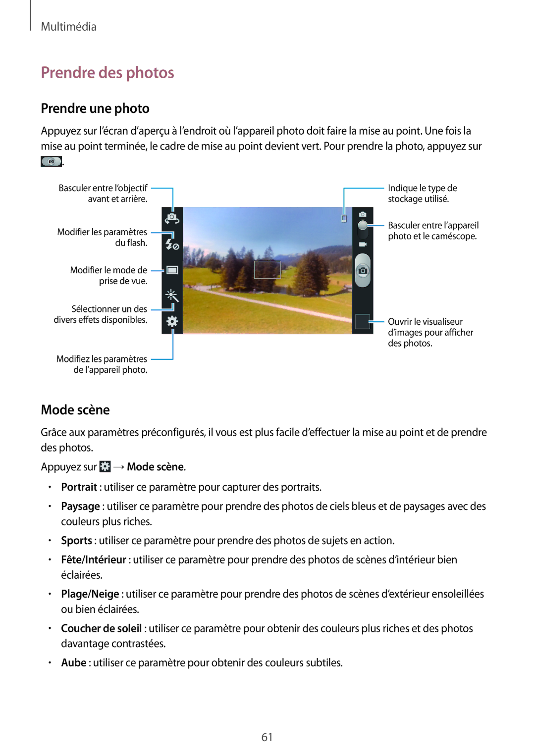Samsung GT-I8260CWAXEF, GT-I8260MBAXEF manual Prendre des photos, Prendre une photo, Mode scène 