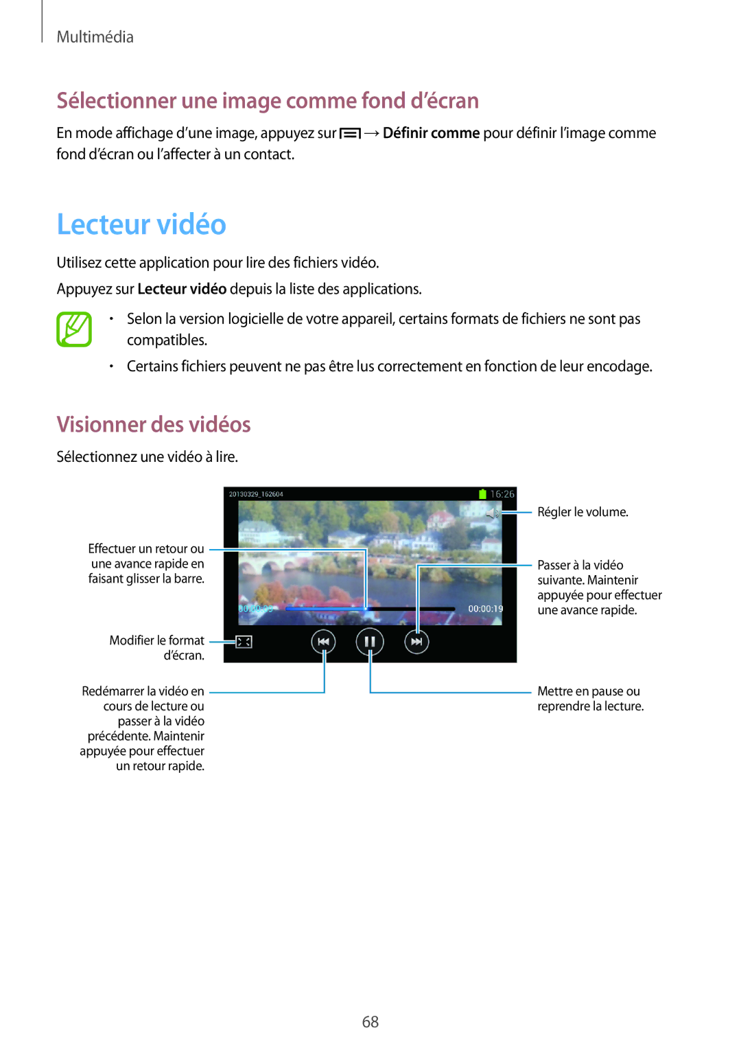 Samsung GT-I8260MBAXEF, GT-I8260CWAXEF manual Lecteur vidéo, Sélectionner une image comme fond d’écran 