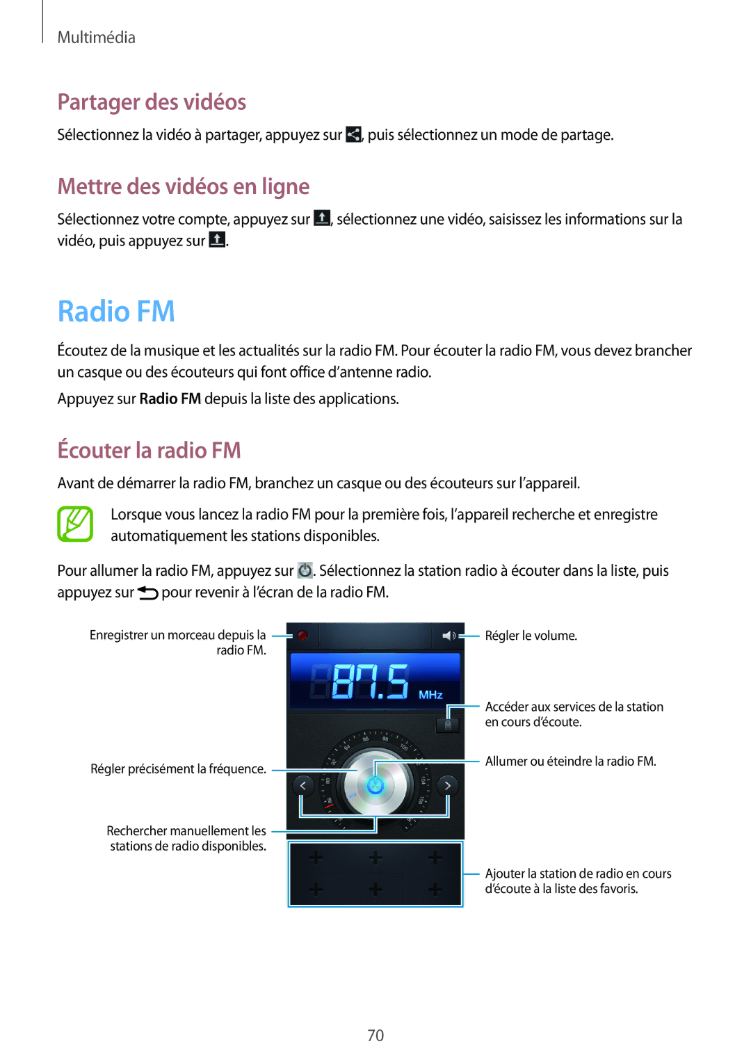 Samsung GT-I8260MBAXEF, GT-I8260CWAXEF manual Radio FM, Mettre des vidéos en ligne, Écouter la radio FM 