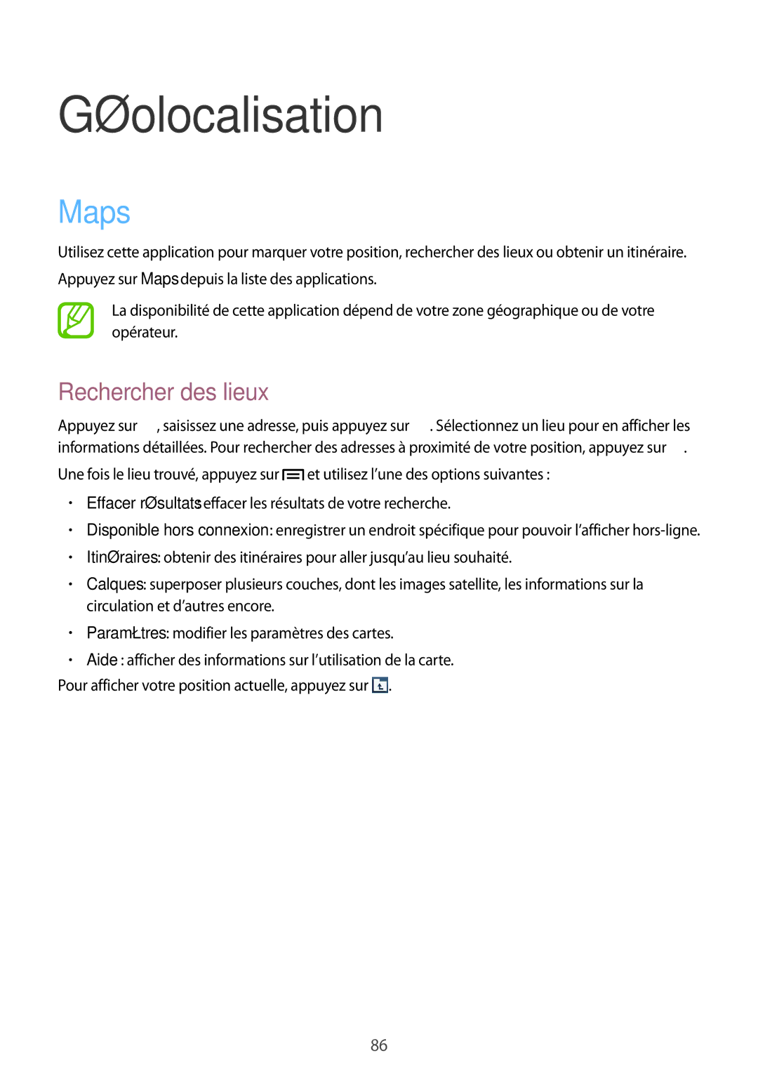 Samsung GT-I8260MBAXEF, GT-I8260CWAXEF manual Géolocalisation, Maps, Rechercher des lieux 