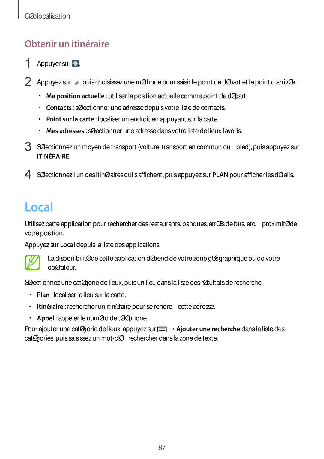 Samsung GT-I8260CWAXEF, GT-I8260MBAXEF manual Local, Obtenir un itinéraire 