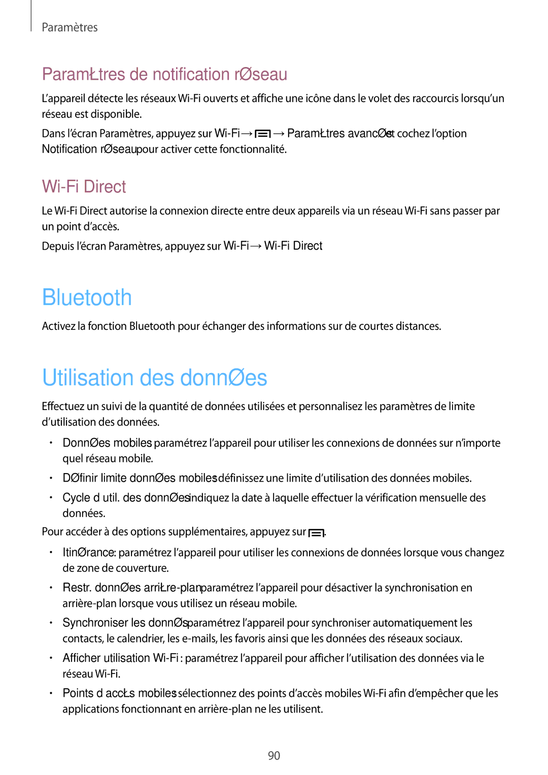 Samsung GT-I8260MBAXEF, GT-I8260CWAXEF manual Utilisation des données, Paramètres de notification réseau, Wi-Fi Direct 