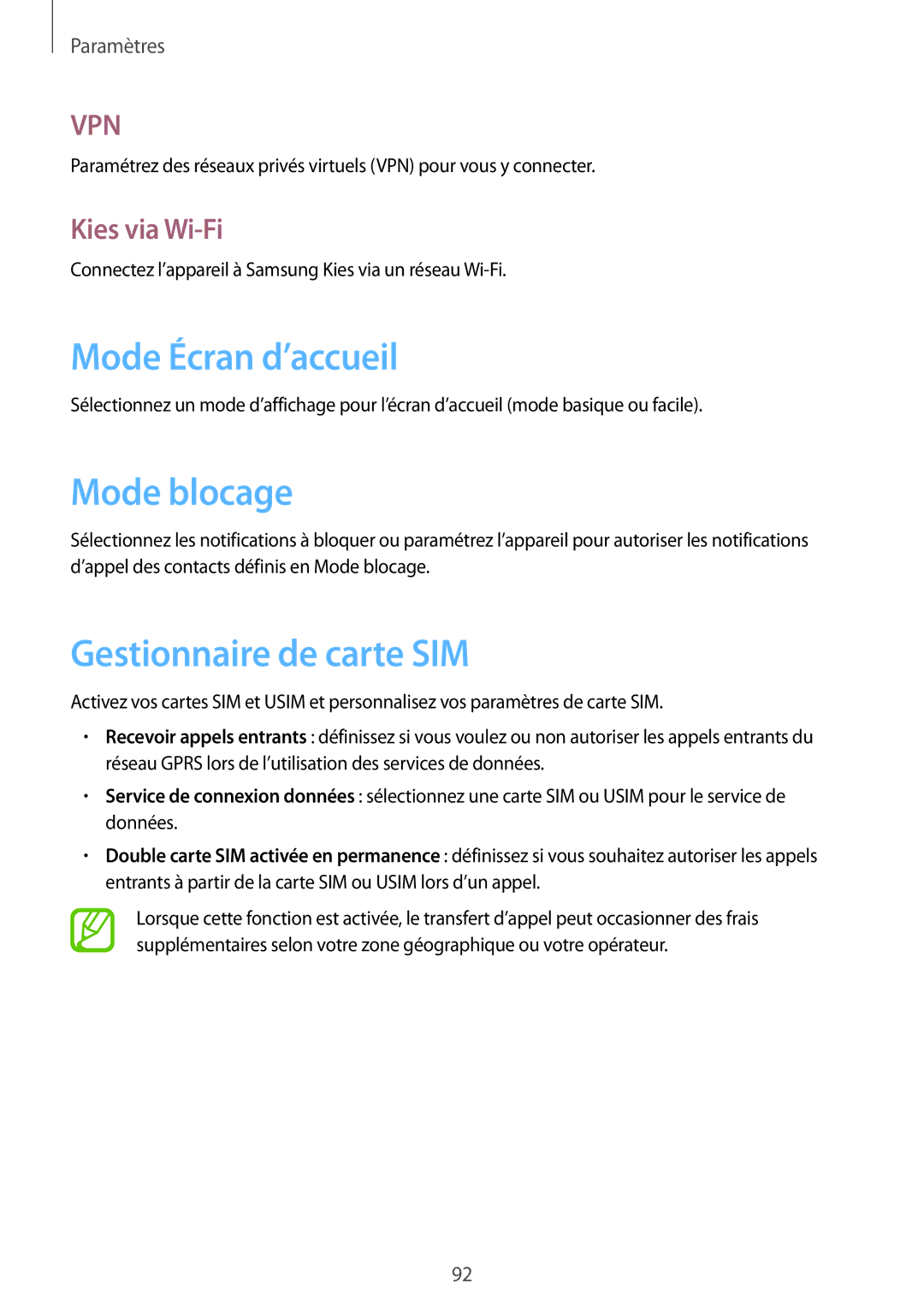 Samsung GT-I8260MBAXEF, GT-I8260CWAXEF manual Mode Écran d’accueil, Mode blocage, Gestionnaire de carte SIM, Kies via Wi-Fi 