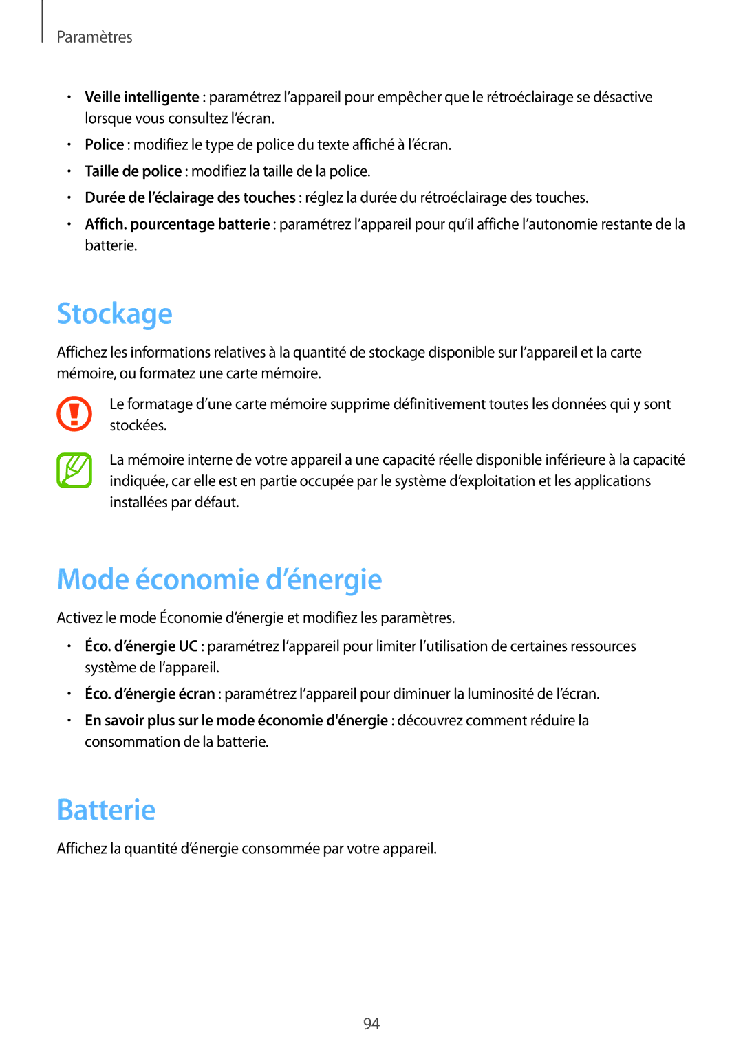 Samsung GT-I8260MBAXEF, GT-I8260CWAXEF manual Stockage, Mode économie d’énergie, Batterie 