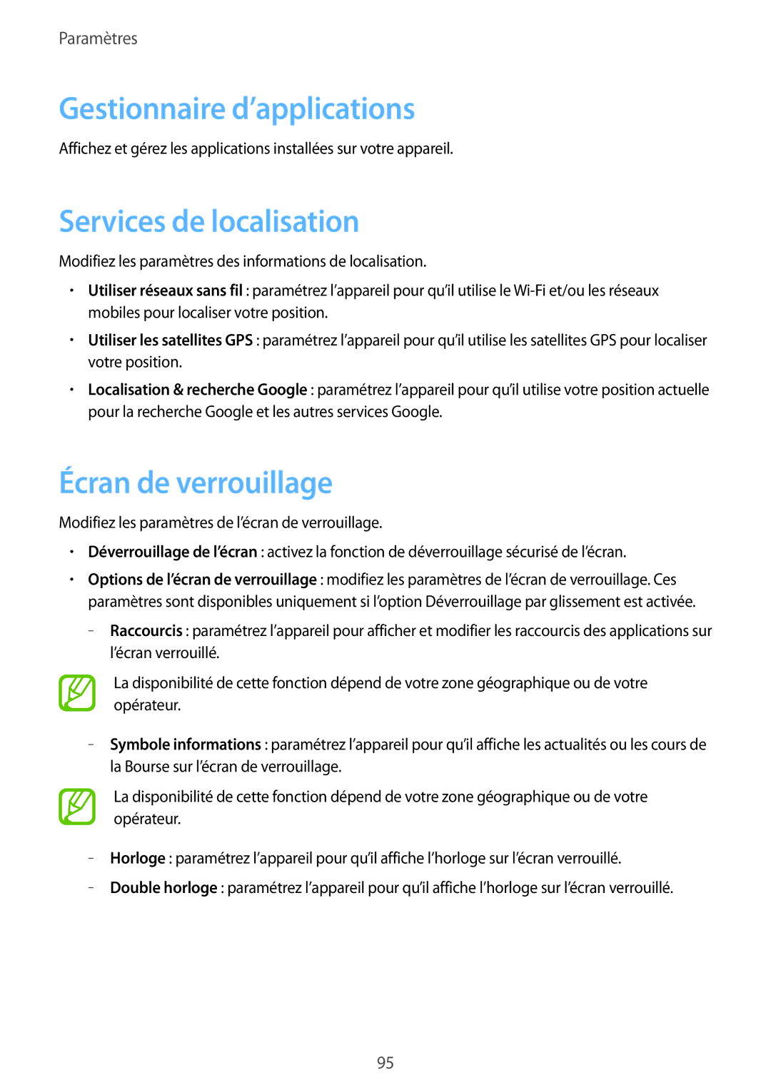 Samsung GT-I8260CWAXEF, GT-I8260MBAXEF manual Gestionnaire d’applications, Services de localisation, Écran de verrouillage 