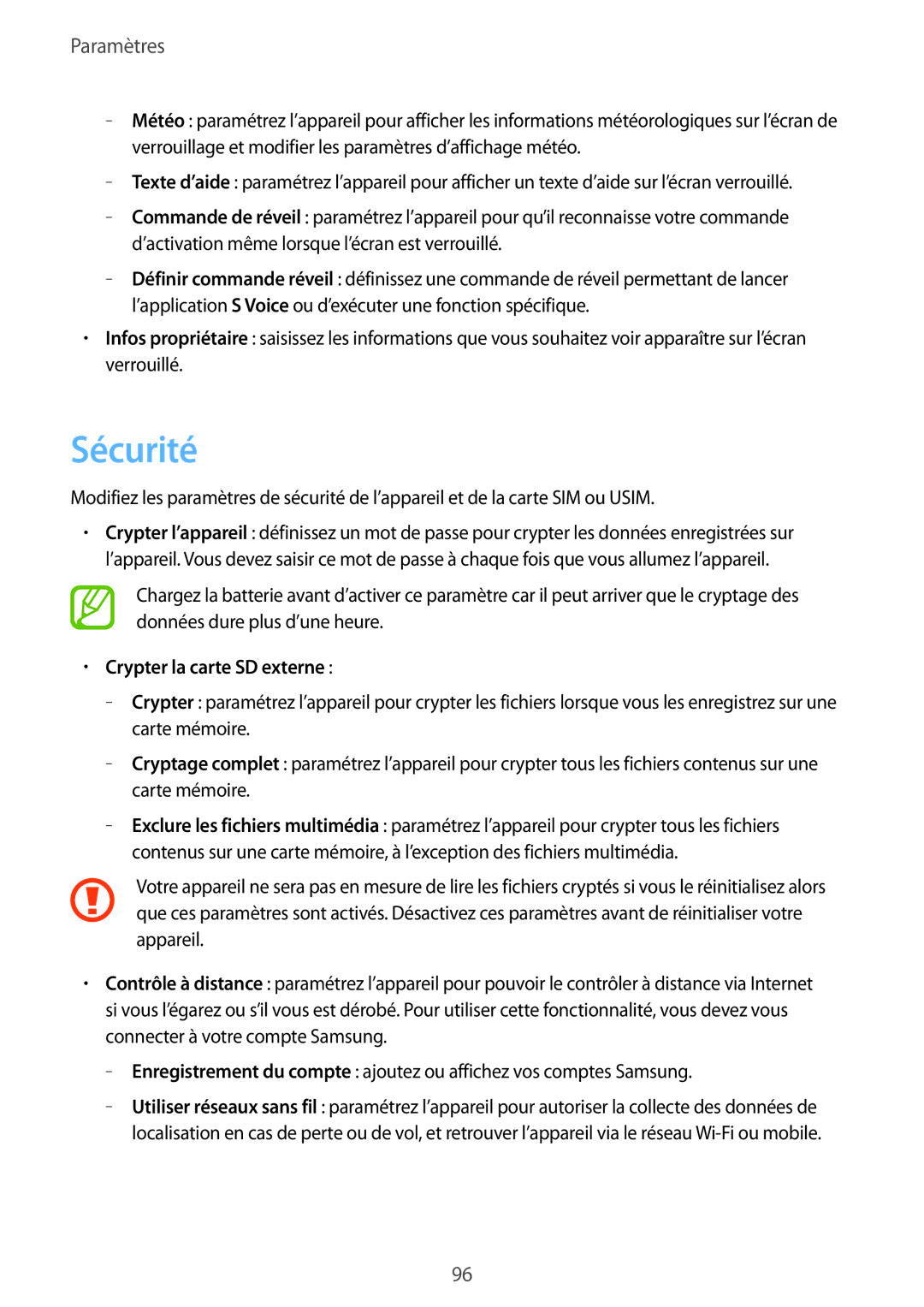 Samsung GT-I8260MBAXEF, GT-I8260CWAXEF manual Sécurité, Crypter la carte SD externe 