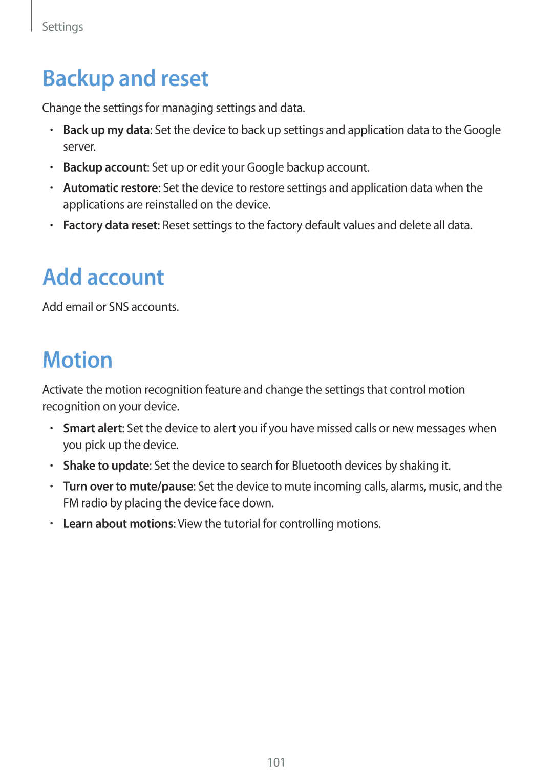 Samsung GT-I8262 user manual Backup and reset, Add account, Motion, Add email or SNS accounts 