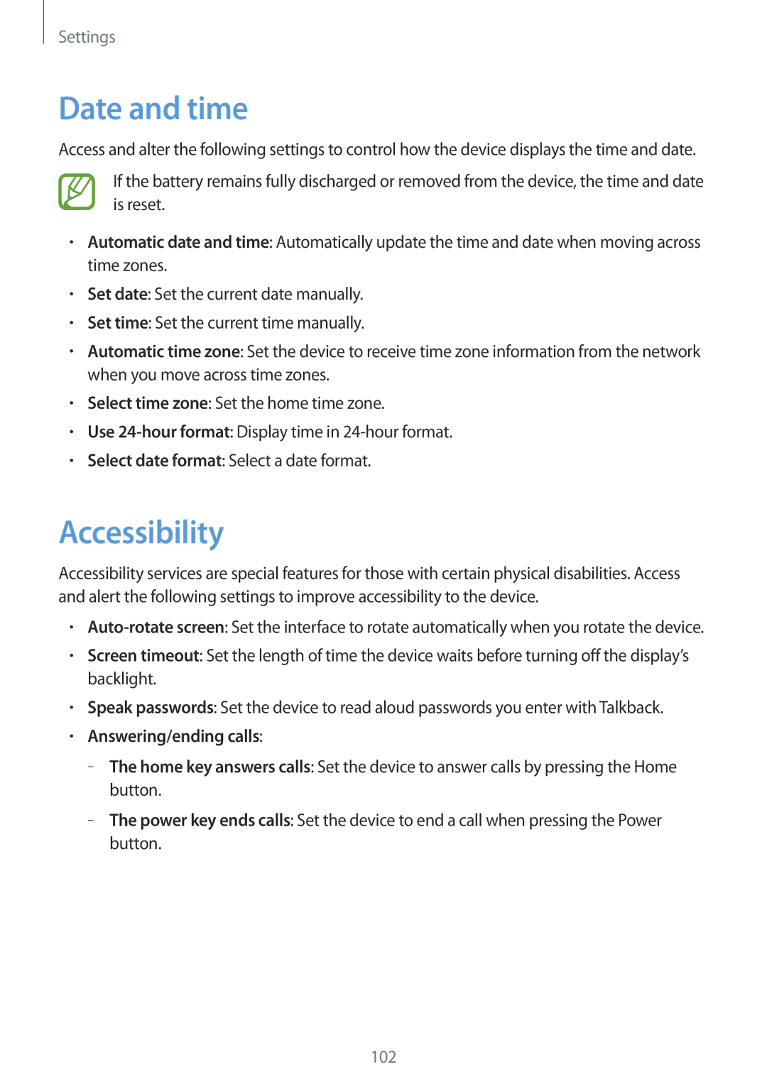 Samsung GT-I8262 user manual Date and time, Accessibility, Answering/ending calls 