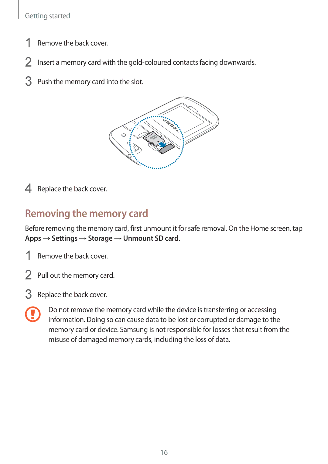 Samsung GT-I8262 user manual Removing the memory card 