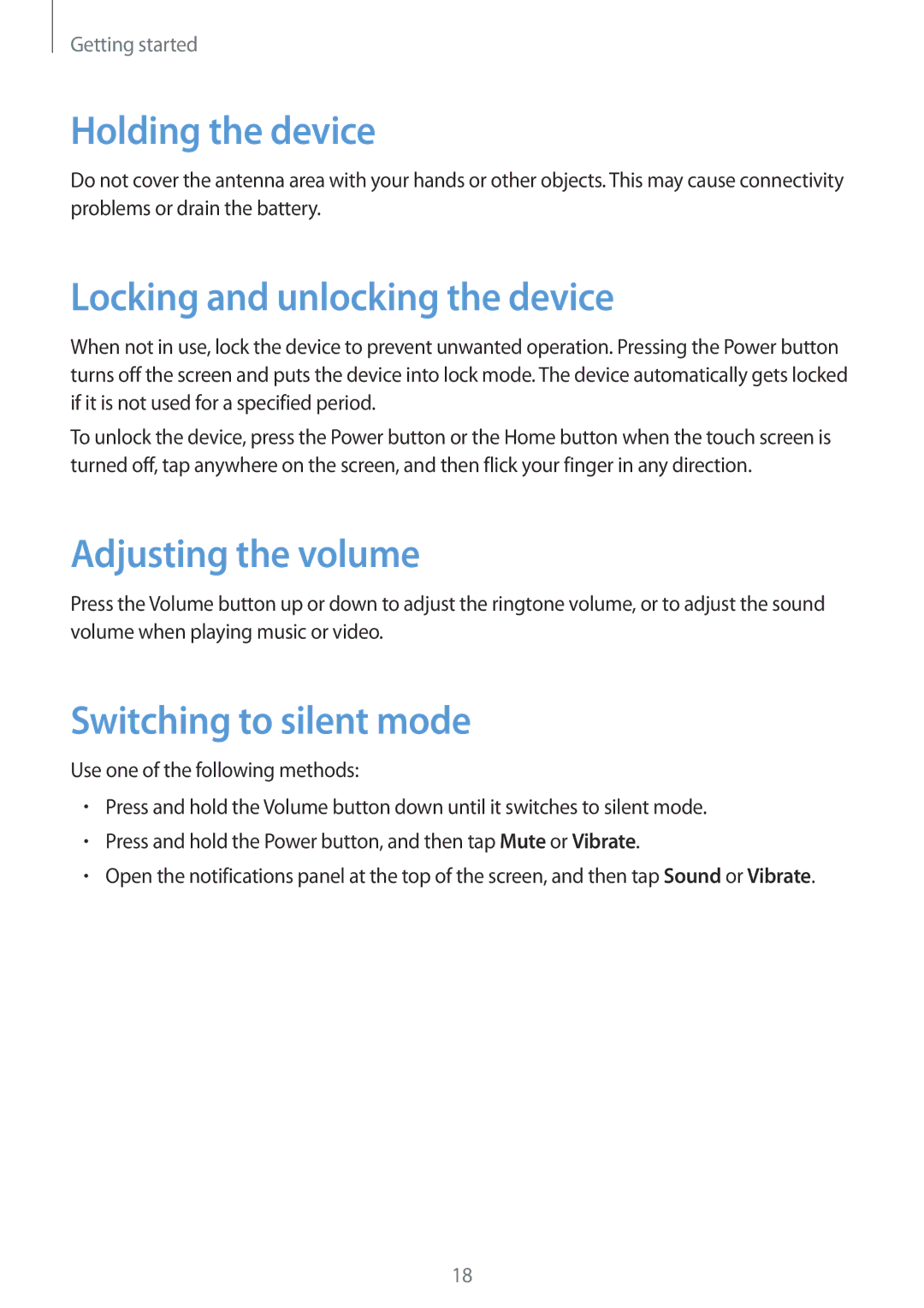 Samsung GT-I8262 Holding the device, Locking and unlocking the device, Adjusting the volume, Switching to silent mode 