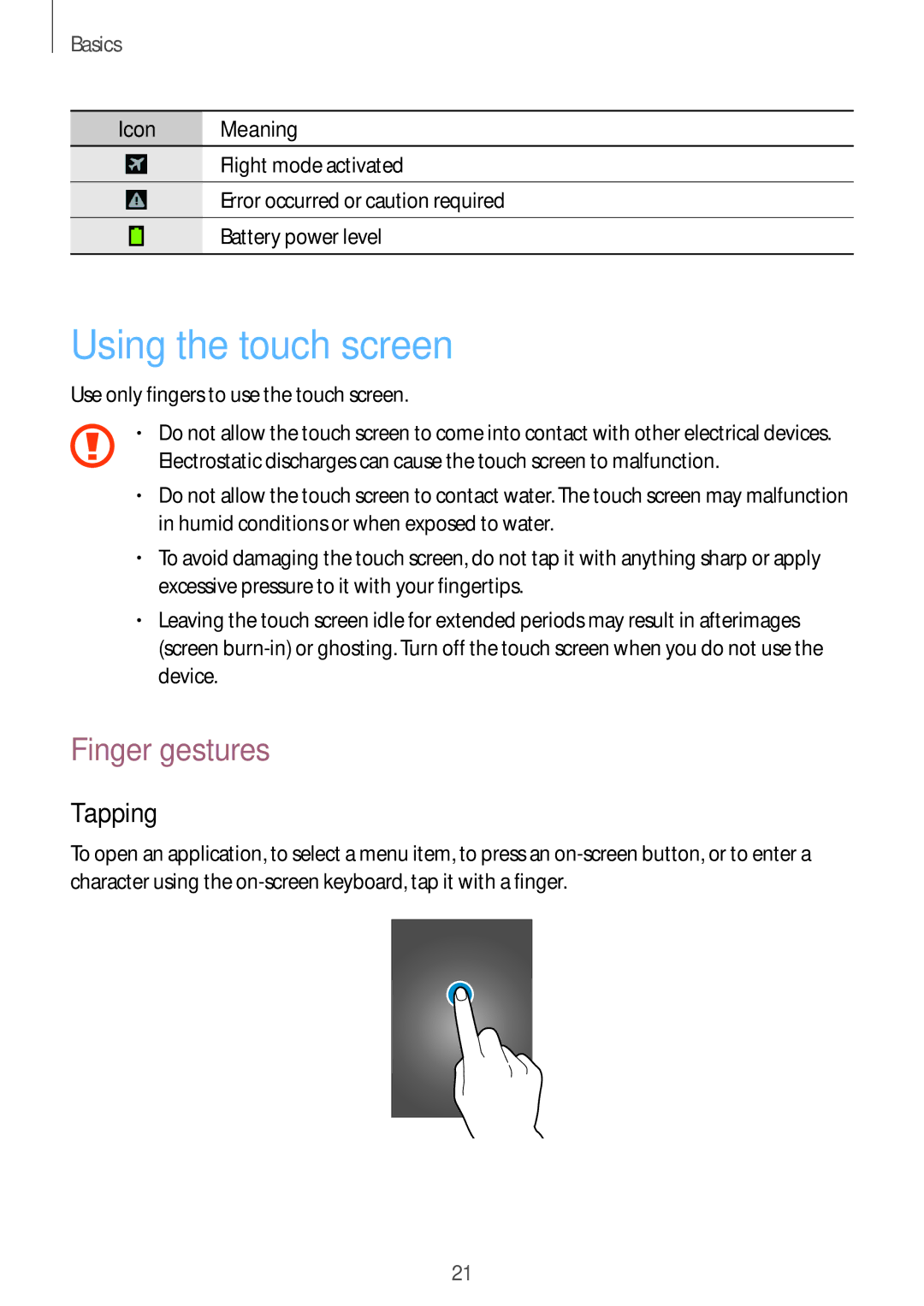 Samsung GT-I8262 user manual Using the touch screen, Finger gestures, Tapping, Use only fingers to use the touch screen 