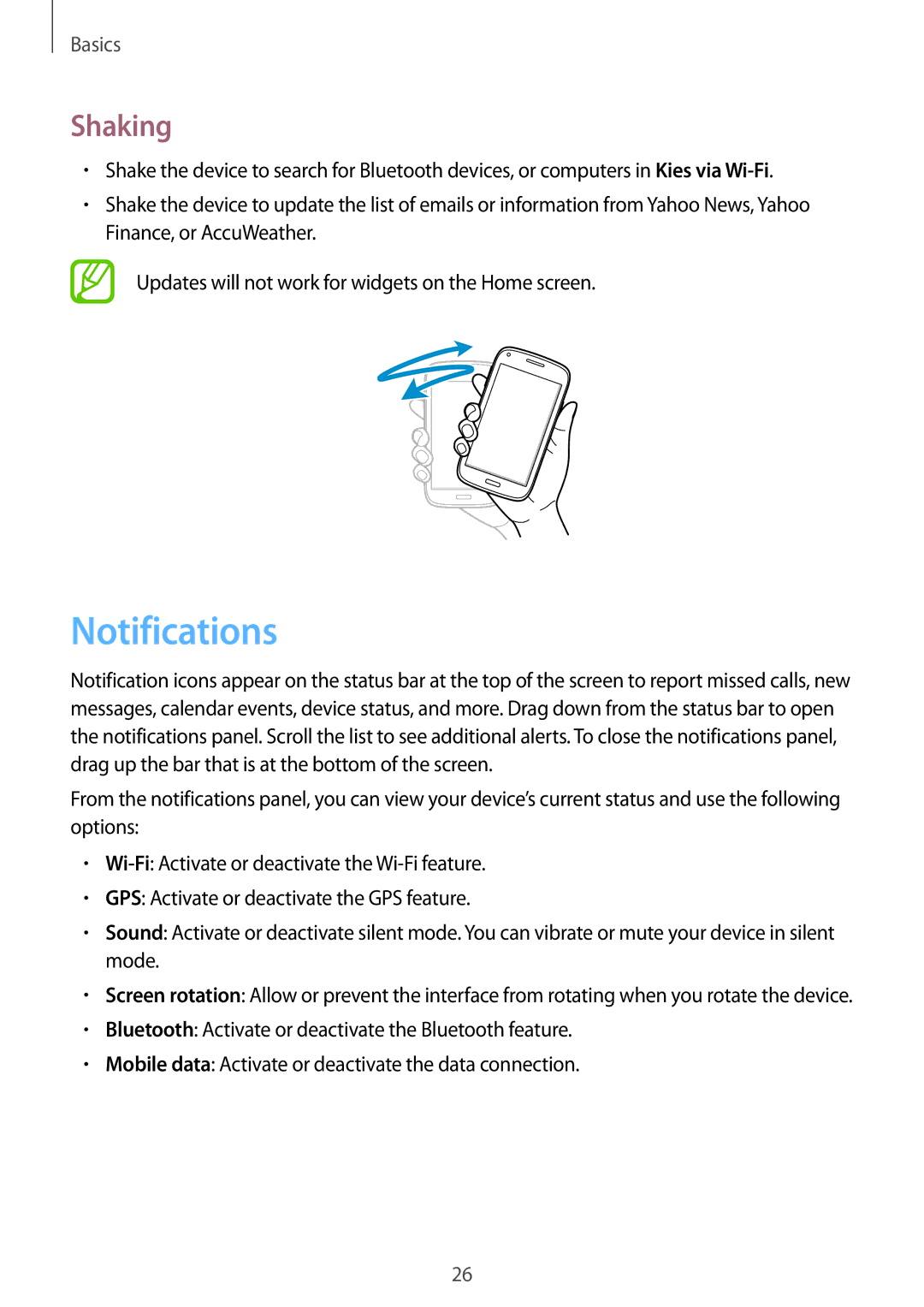 Samsung GT-I8262 user manual Notifications, Shaking 