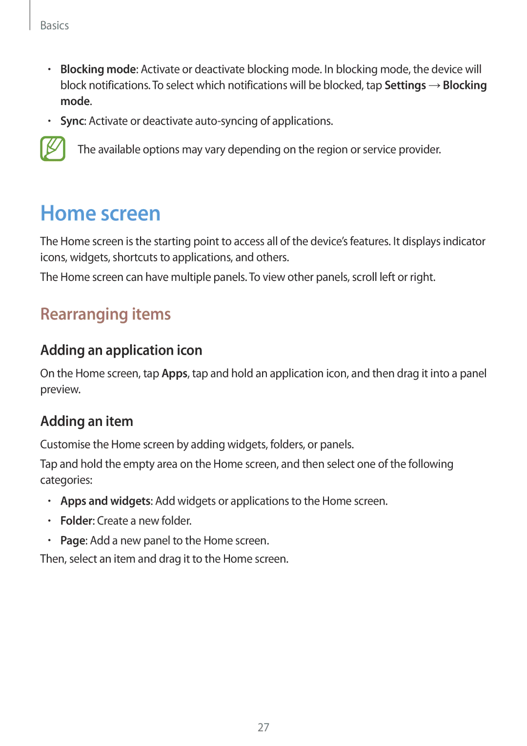 Samsung GT-I8262 user manual Home screen, Rearranging items, Adding an application icon, Adding an item 