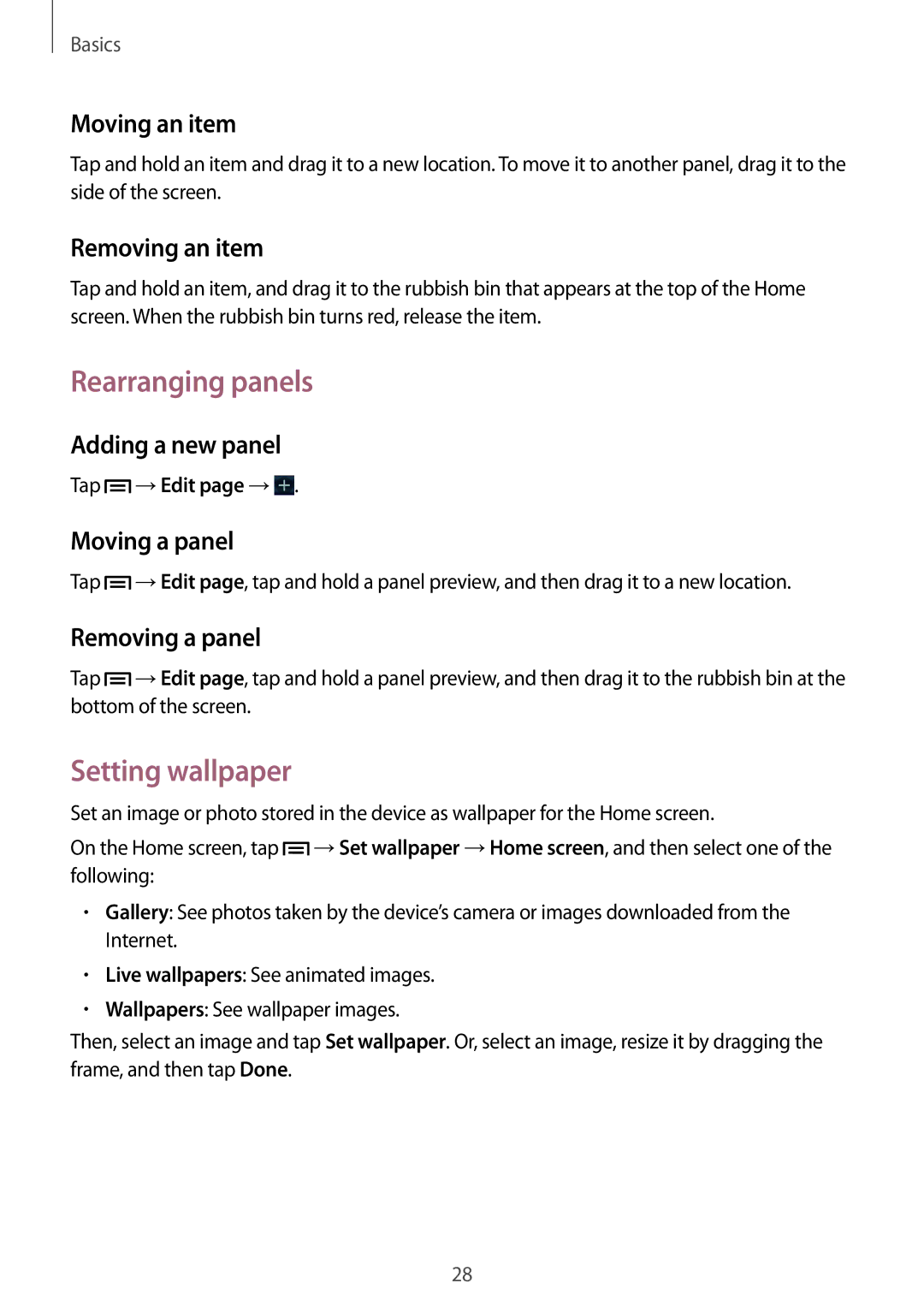 Samsung GT-I8262 user manual Rearranging panels, Setting wallpaper 