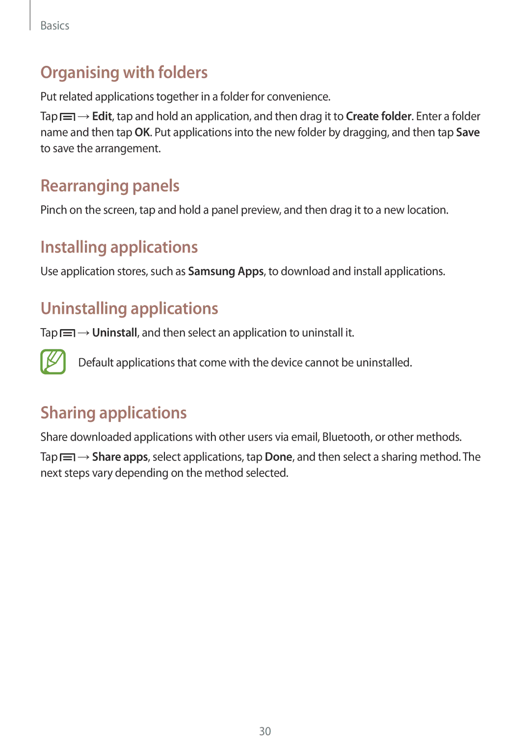 Samsung GT-I8262 Organising with folders, Installing applications, Uninstalling applications, Sharing applications 