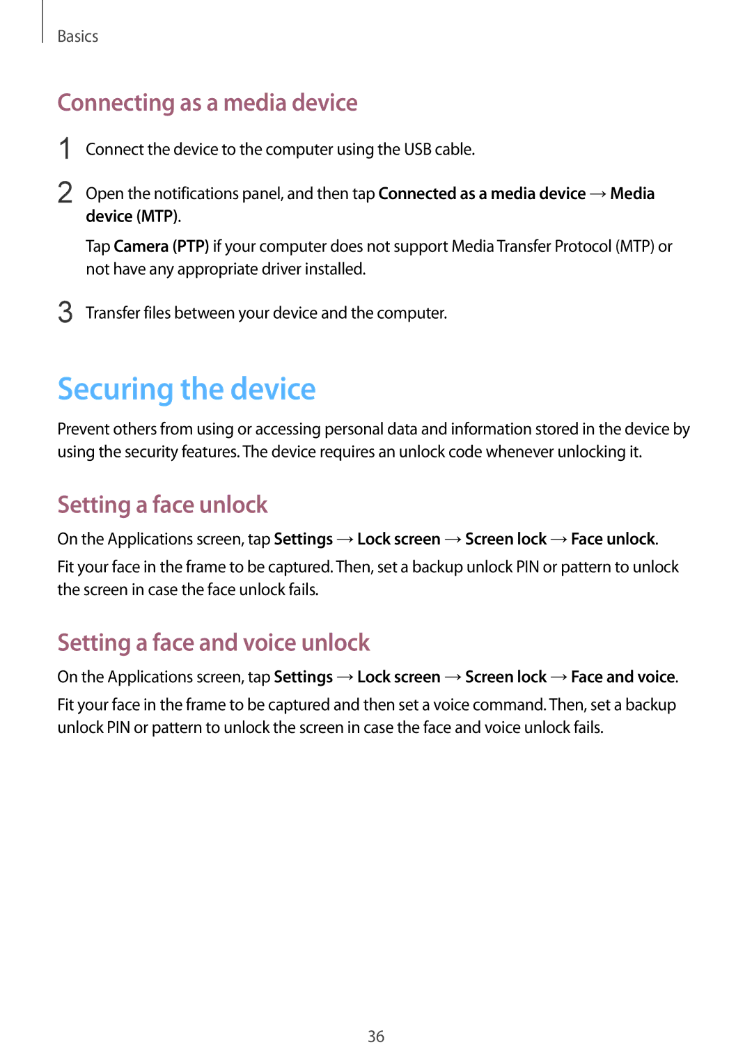 Samsung GT-I8262 Securing the device, Connecting as a media device, Setting a face unlock, Setting a face and voice unlock 