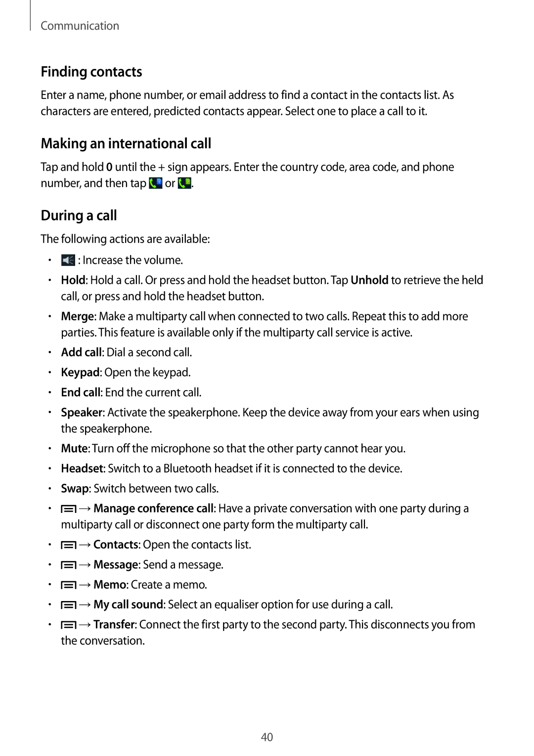 Samsung GT-I8262 user manual Finding contacts, Making an international call, During a call 