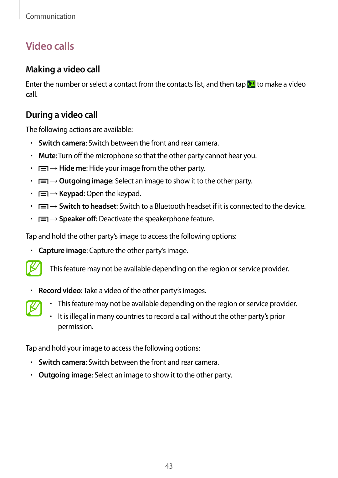 Samsung GT-I8262 user manual Video calls, Making a video call, During a video call 