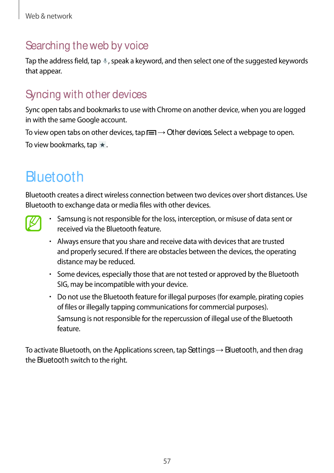 Samsung GT-I8262 user manual Bluetooth, Syncing with other devices 