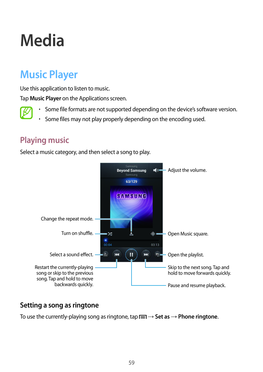 Samsung GT-I8262 user manual Media, Music Player, Playing music, Setting a song as ringtone, →Set as →Phone ringtone 