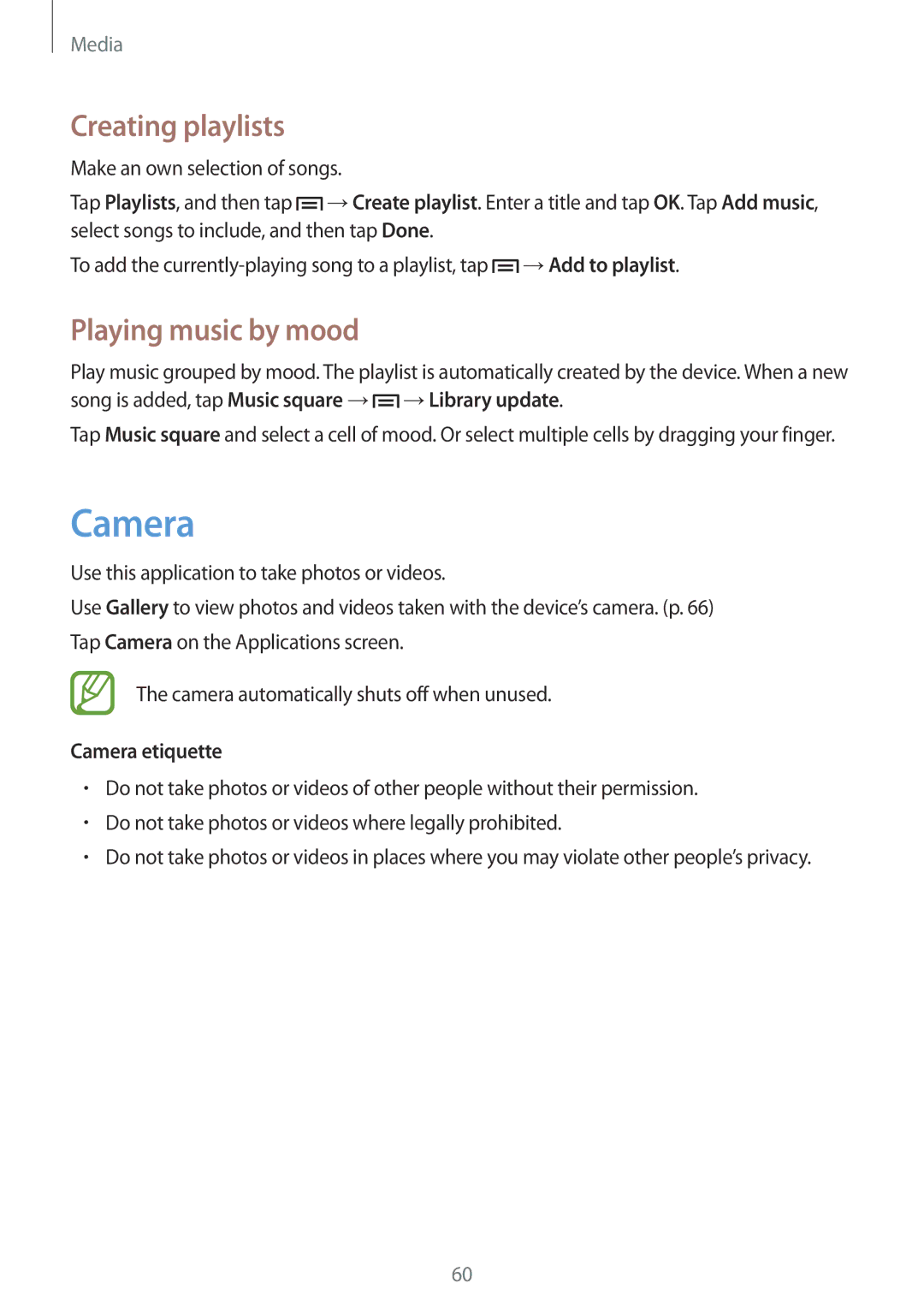 Samsung GT-I8262 user manual Creating playlists, Playing music by mood, Camera etiquette 