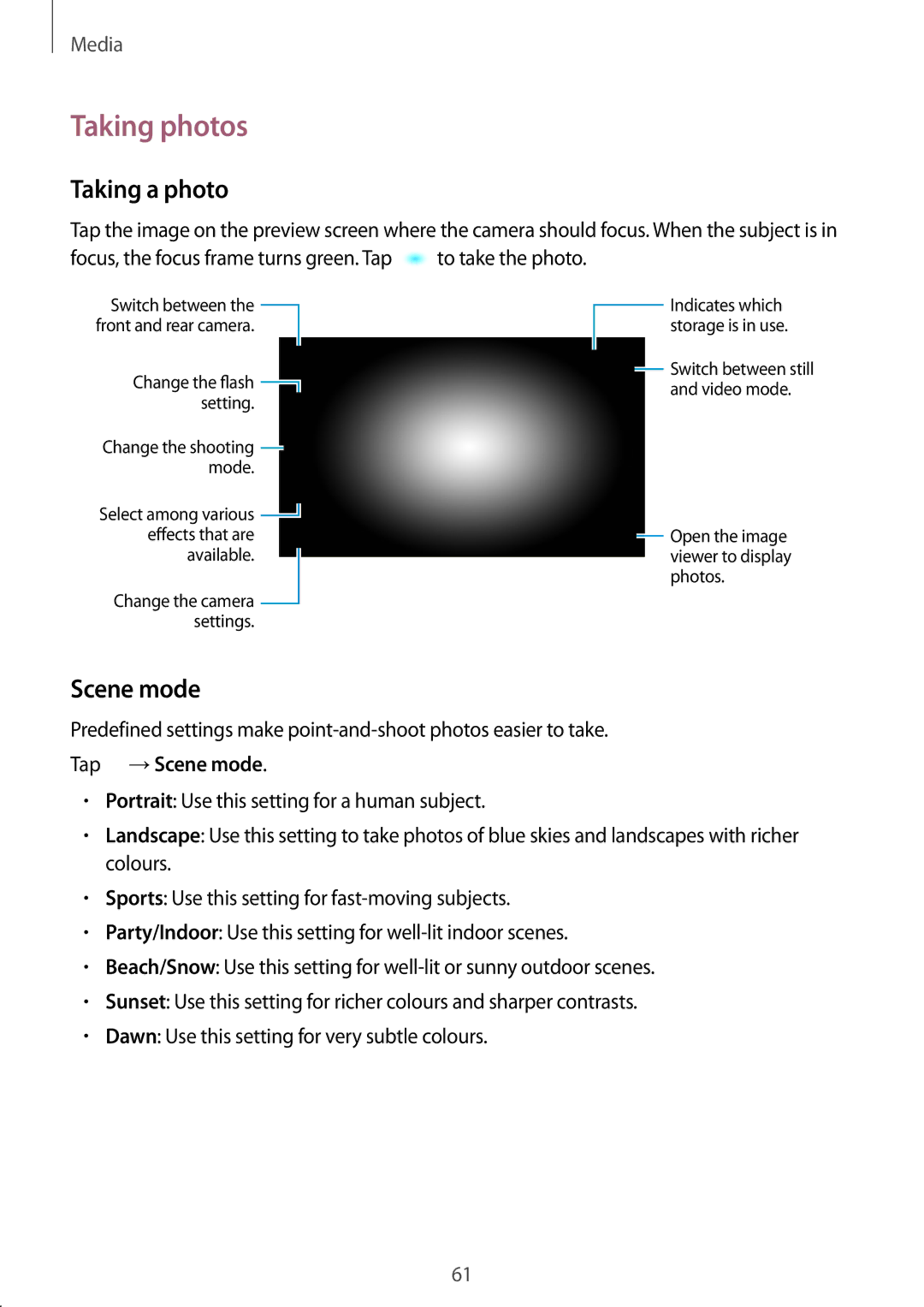 Samsung GT-I8262 user manual Taking photos, Taking a photo, Tap →Scene mode 