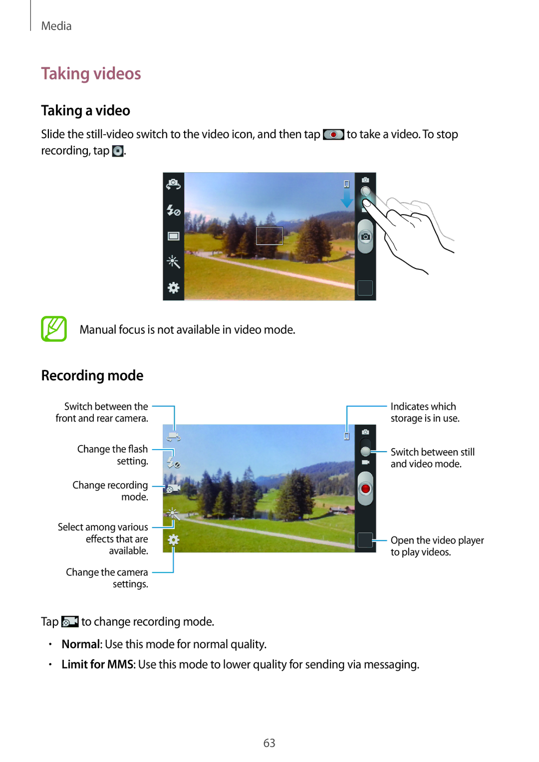 Samsung GT-I8262 user manual Taking videos, Taking a video, Recording mode 