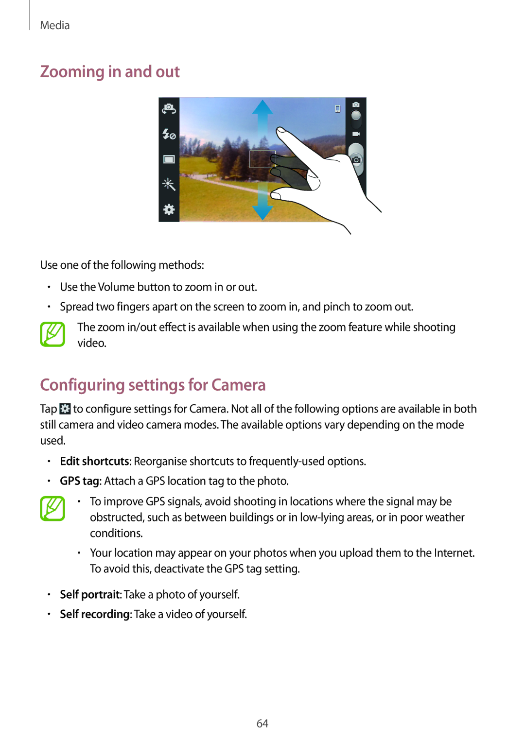 Samsung GT-I8262 user manual Zooming in and out, Configuring settings for Camera 