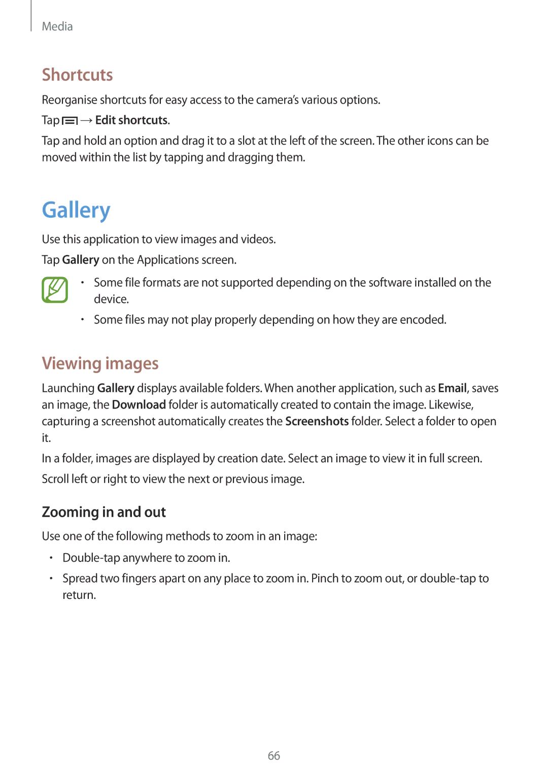 Samsung GT-I8262 user manual Gallery, Shortcuts, Viewing images, Zooming in and out, Tap →Edit shortcuts 