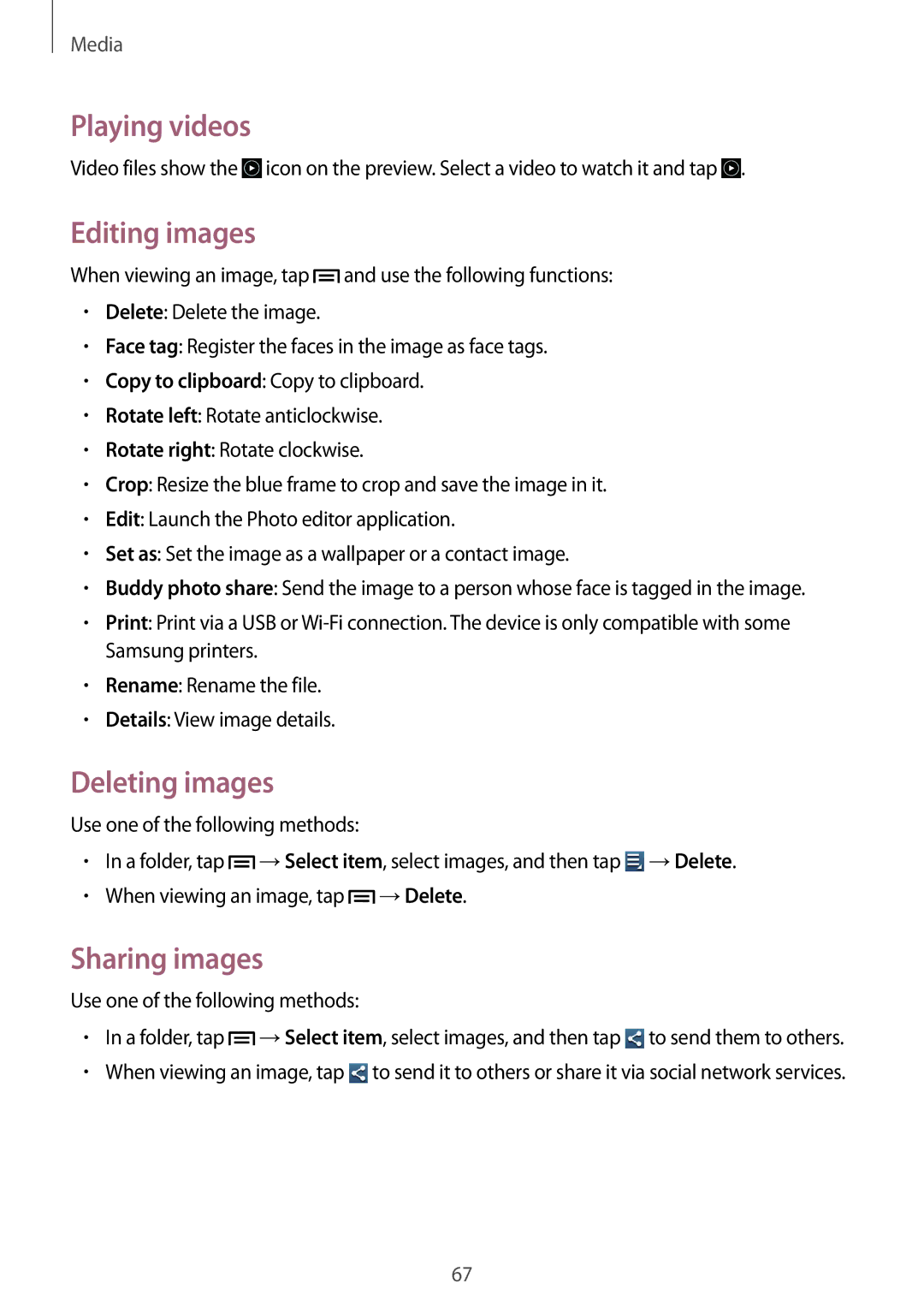 Samsung GT-I8262 Playing videos, Editing images, Deleting images, Sharing images, Use one of the following methods 