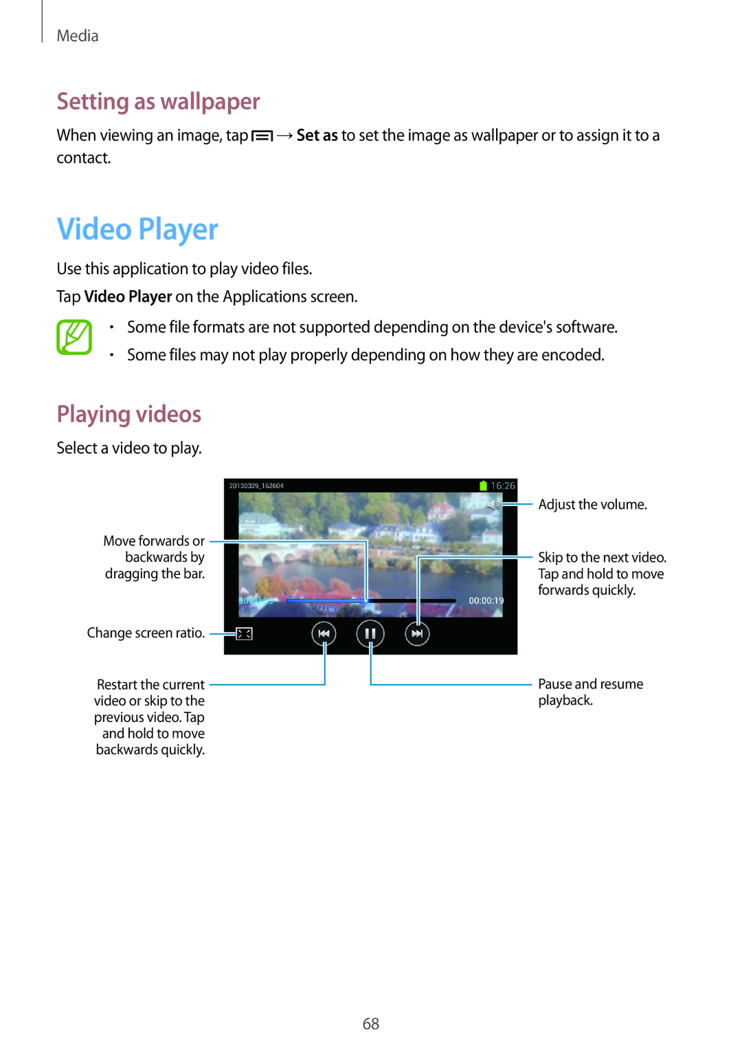 Samsung GT-I8262 user manual Video Player, Setting as wallpaper, Select a video to play 