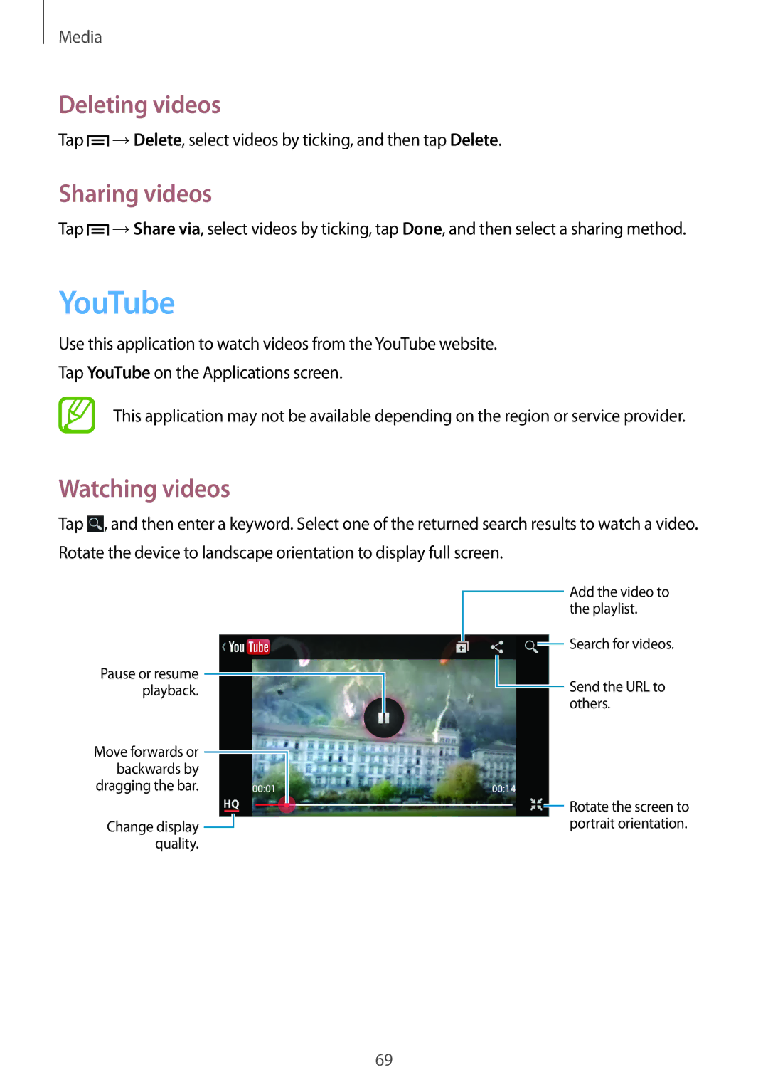 Samsung GT-I8262 user manual YouTube, Deleting videos, Sharing videos, Watching videos 