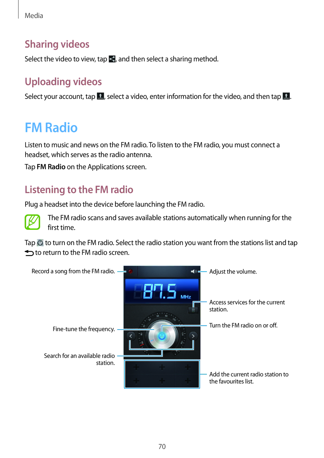 Samsung GT-I8262 user manual FM Radio, Uploading videos, Listening to the FM radio 