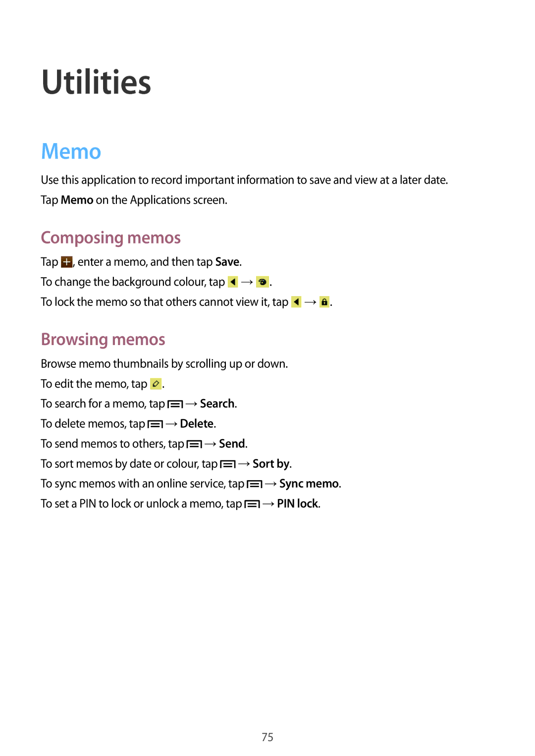 Samsung GT-I8262 user manual Utilities, Memo, Composing memos, Browsing memos 