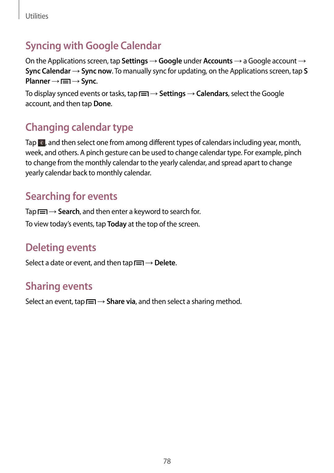 Samsung GT-I8262 user manual Syncing with Google Calendar, Changing calendar type, Searching for events, Deleting events 