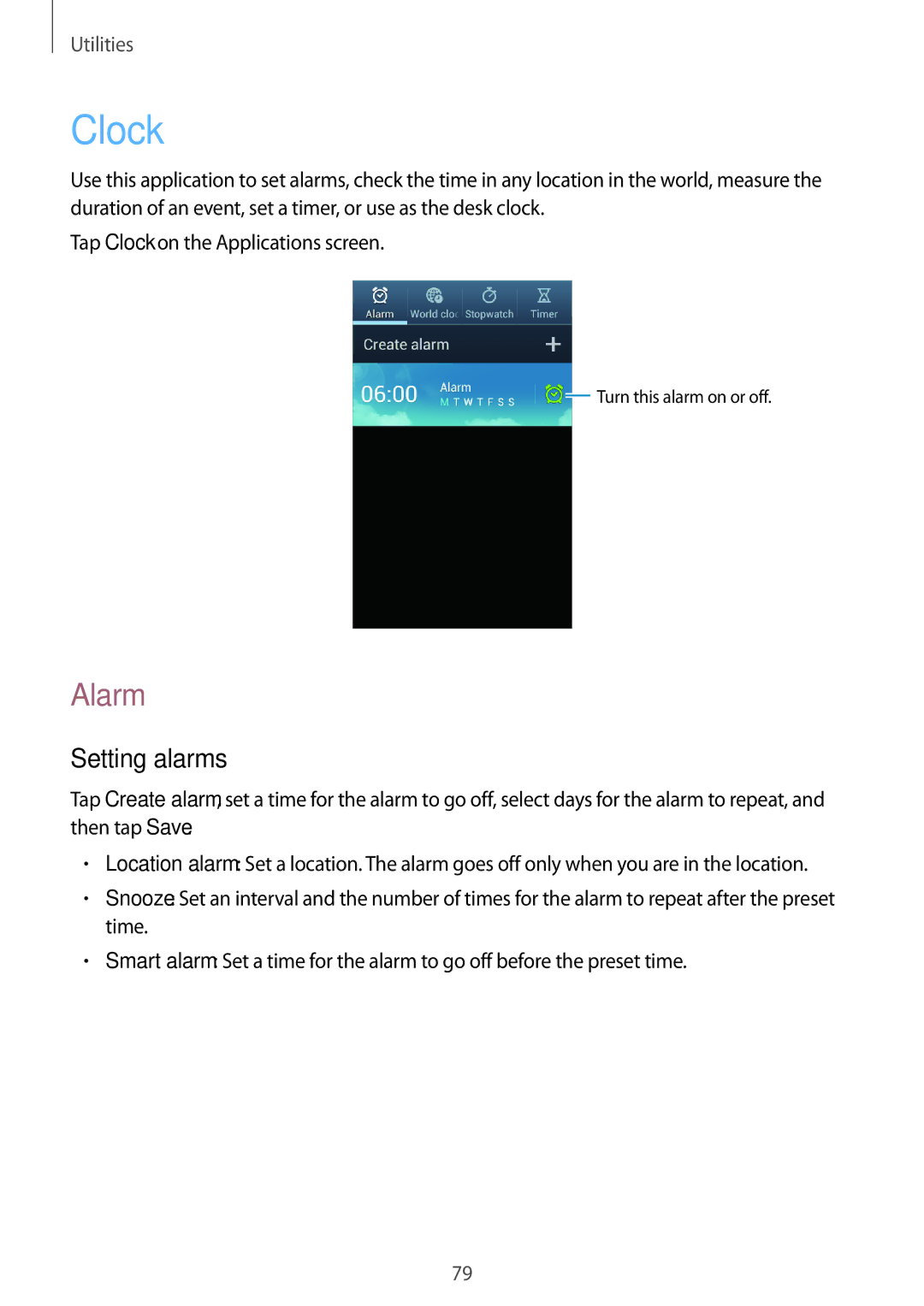 Samsung GT-I8262 user manual Clock, Alarm, Setting alarms 