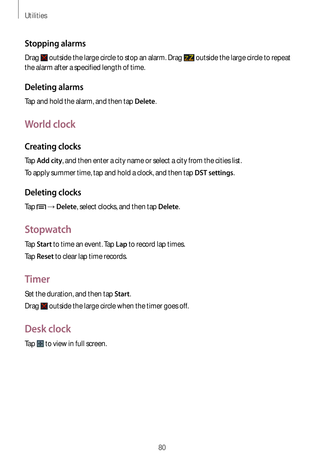 Samsung GT-I8262 user manual World clock, Stopwatch, Timer, Desk clock 