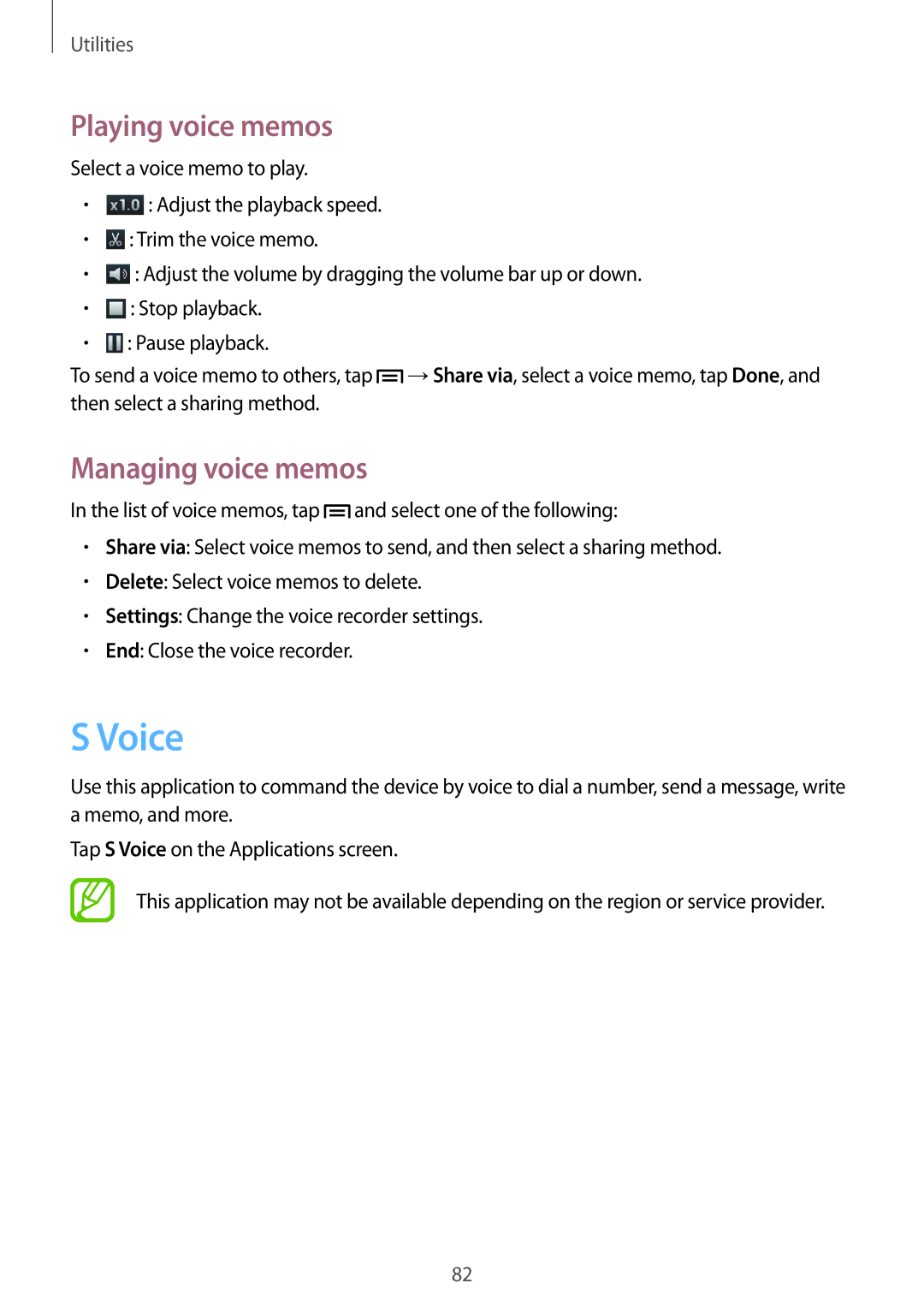 Samsung GT-I8262 user manual Voice, Playing voice memos, Managing voice memos 