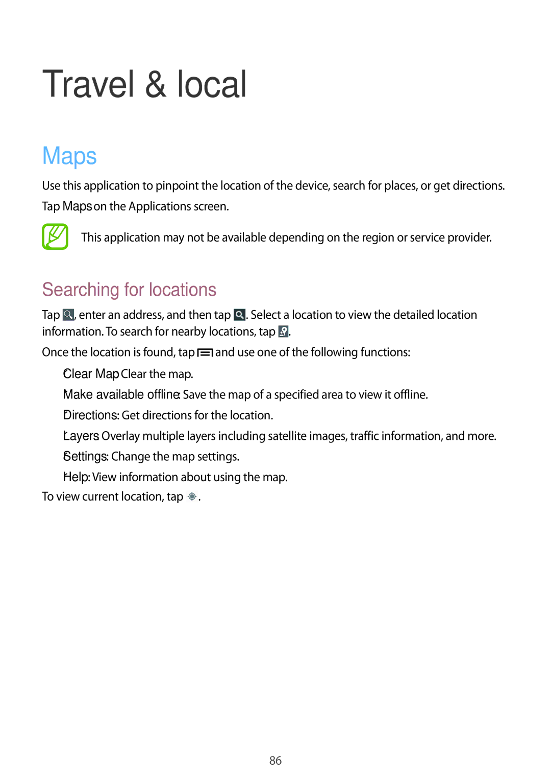 Samsung GT-I8262 user manual Travel & local, Maps, Searching for locations 