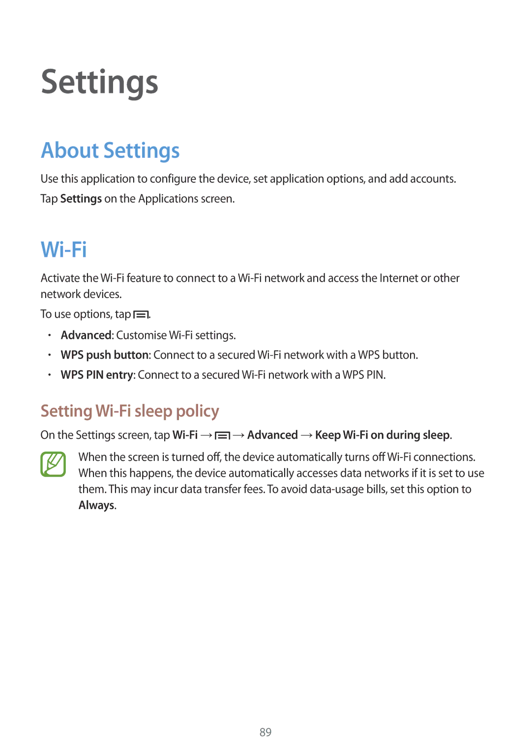 Samsung GT-I8262 user manual About Settings, Setting Wi-Fi sleep policy 