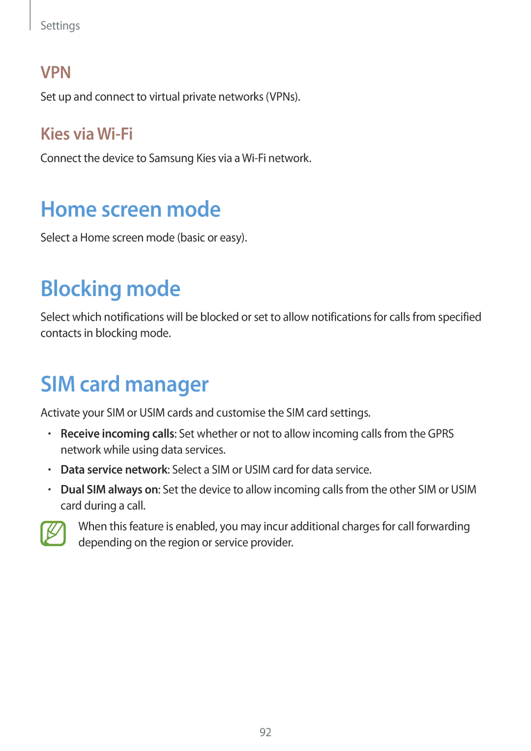 Samsung GT-I8262 user manual Home screen mode, Blocking mode, SIM card manager, Kies via Wi-Fi 