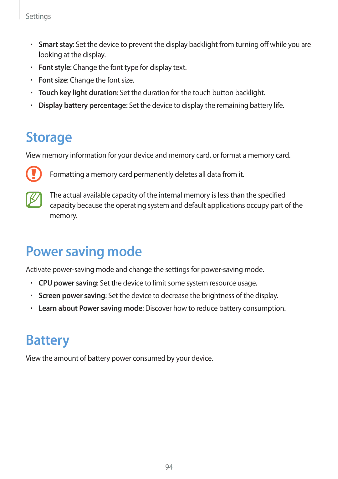 Samsung GT-I8262 user manual Storage, Power saving mode, Battery, View the amount of battery power consumed by your device 