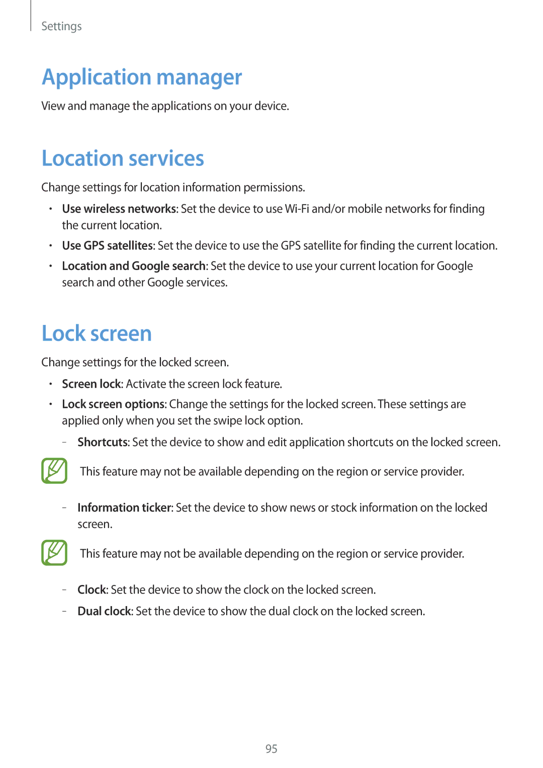 Samsung GT-I8262 Application manager, Location services, Lock screen, View and manage the applications on your device 