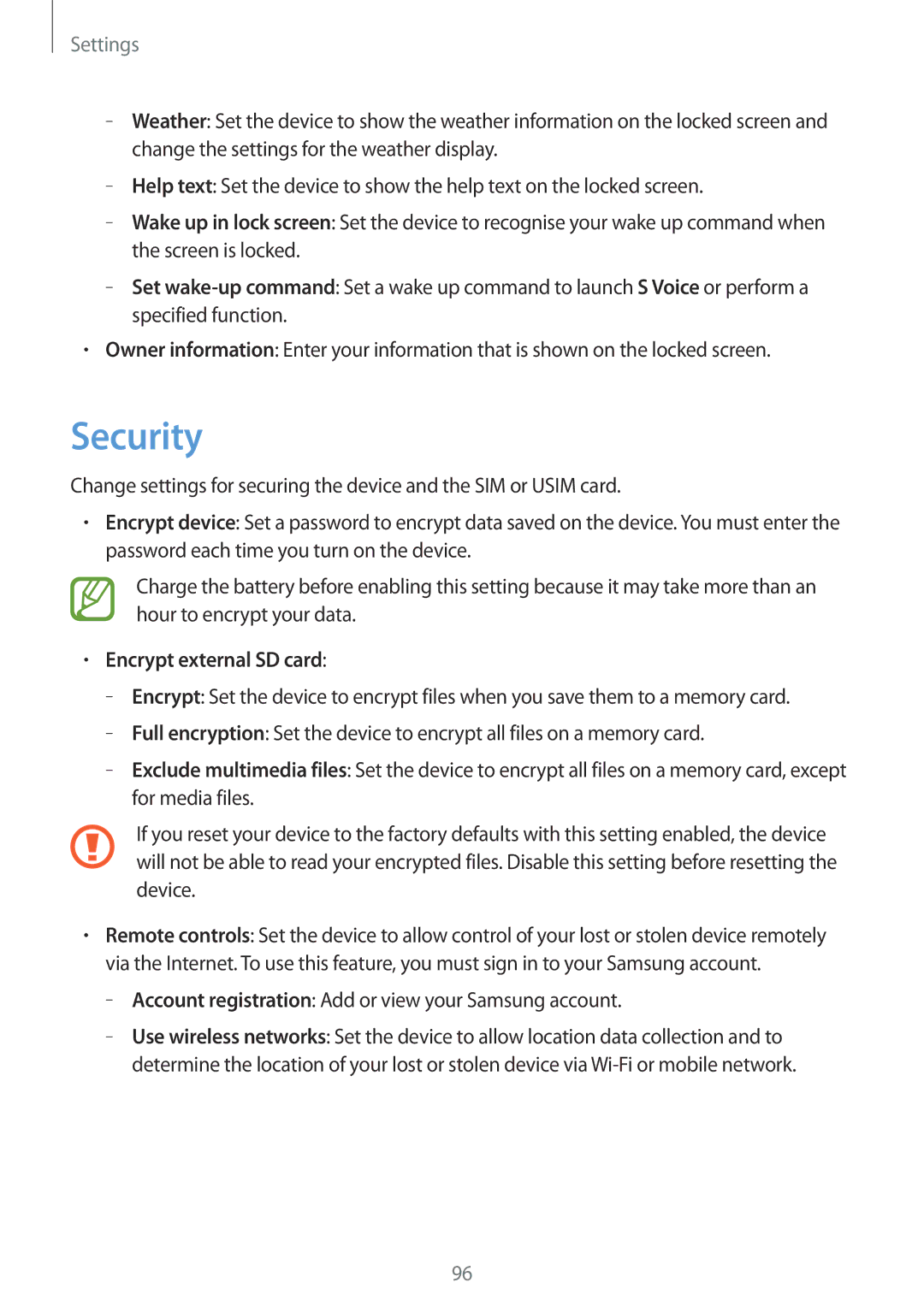 Samsung GT-I8262 user manual Security, Encrypt external SD card, Account registration Add or view your Samsung account 