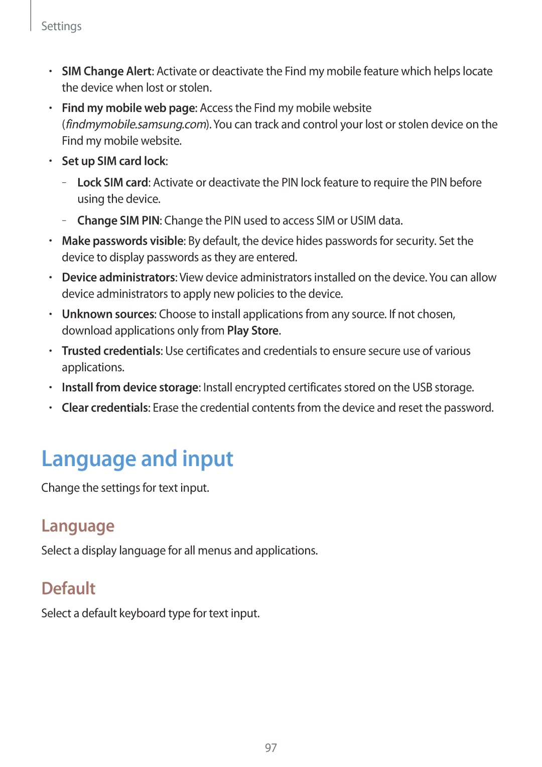 Samsung GT-I8262 user manual Language and input, Default, Set up SIM card lock 