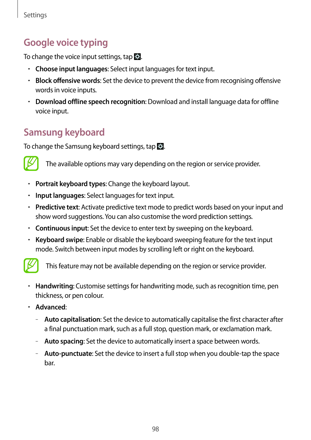 Samsung GT-I8262 user manual Google voice typing, Samsung keyboard, Advanced 