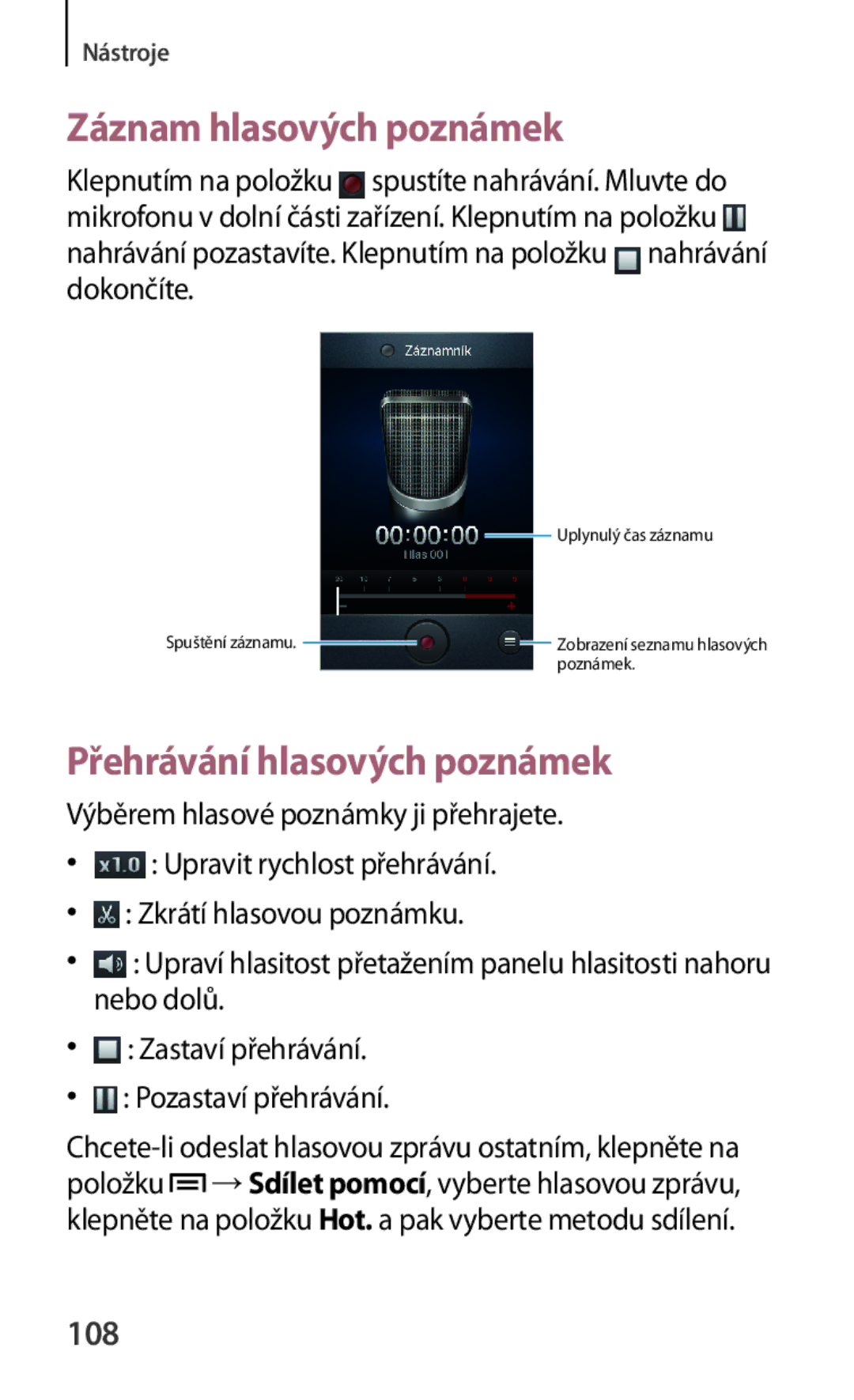 Samsung GT2I8262MBAETL, GT-I8262CWAVVT, GT-I8262MBAMTL manual Záznam hlasových poznámek, Přehrávání hlasových poznámek, 108 